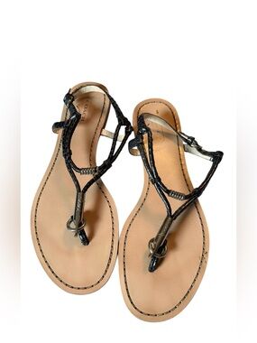 Coach Black Braided Leather T-Strap Sandals with Tan Footbed